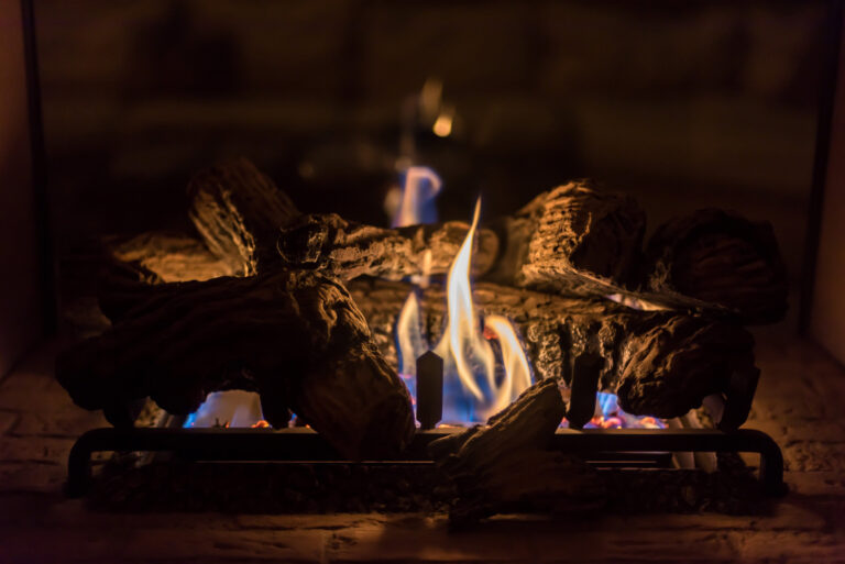 Cozy romantic gas fireplace at night